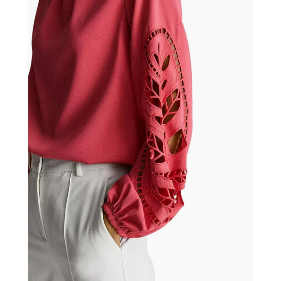 Reiss Belle Laser Cutout Blouse Size 4 Coral Pink Rose Keyhole Long Sleeve Top - Picture 4 of 12
